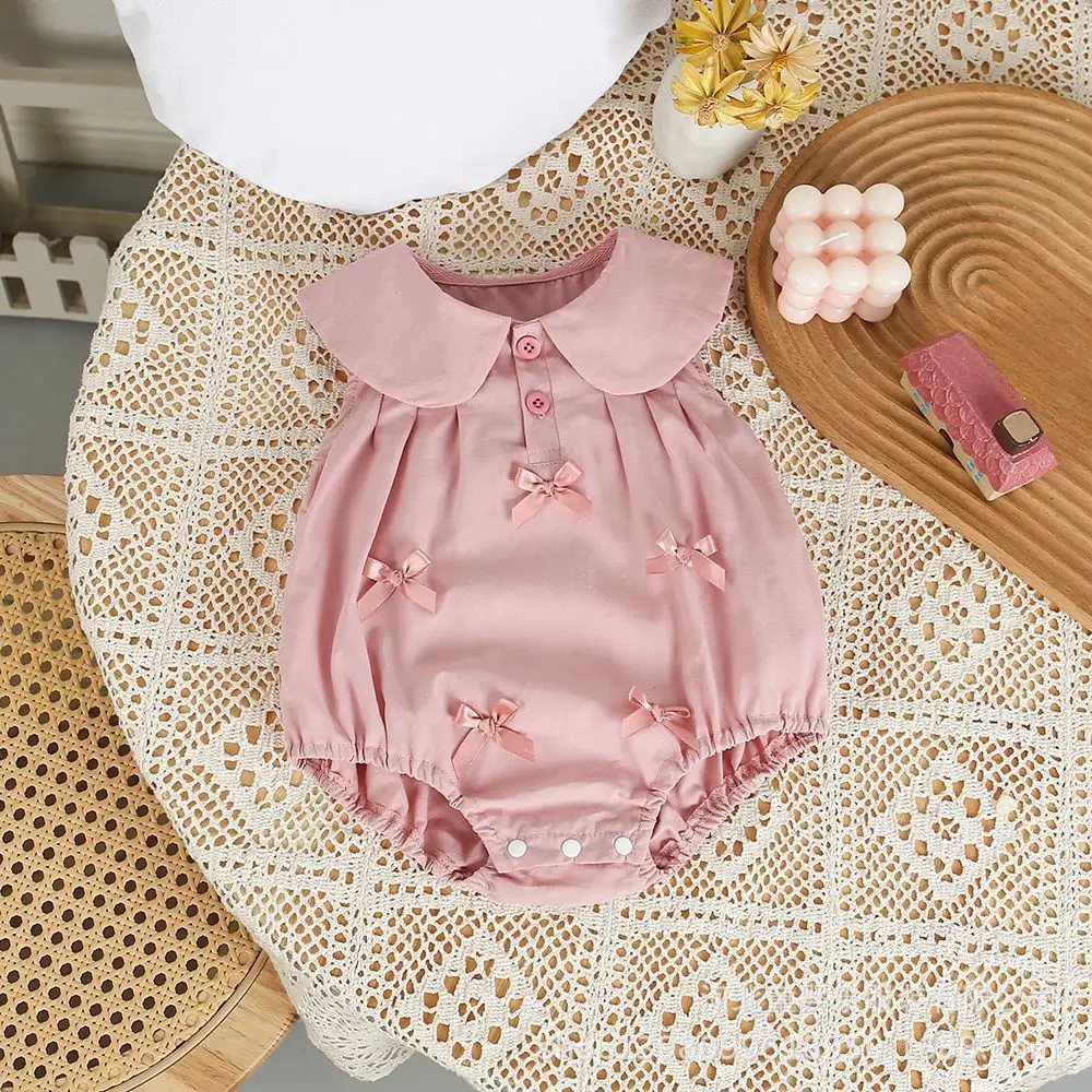 0-2 Y Baby Girls Clothes Pink Ribbon Bow Infant Girls One Piece Peter Pan Collar Girls Bodysuit Summer Soft Infant Jumsuit