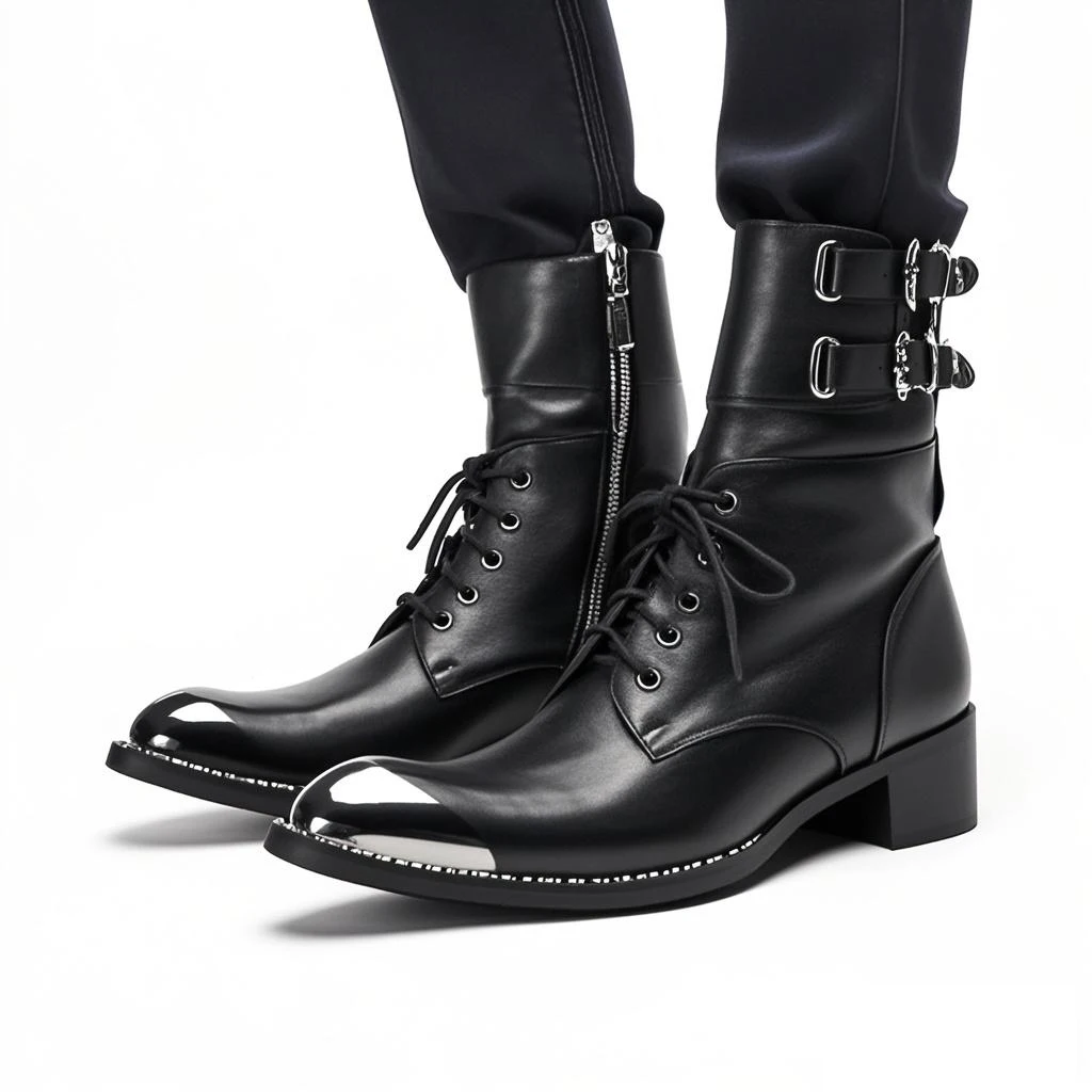 Schwarze Gürtelschnalle Weiches Leder Knöchel Herren Stiefel Westernstiefel Herren Spitzschuh Cowboy Schuhe Party Bota Masculina Herren, Große Größen – Detail 9