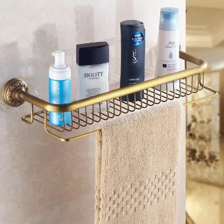 

Vidric Shelves Single-Tier Antique Brass Towel Bar Hooks WC Storage Rack Towel Hanger Fitting Wall Mounted Bath Shelf