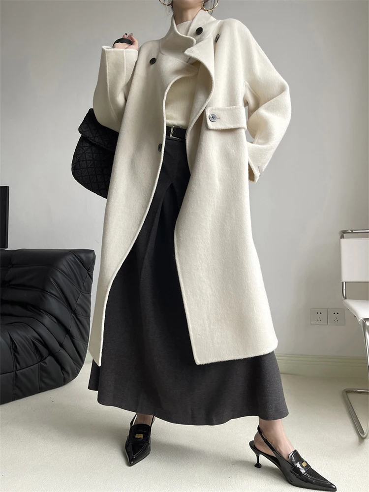 BZVW Fashion Double Sided Woolen Coat For Women Stand Collar Solid Color Mid Length Coats 2024 Female Autumn Winter New 25A8675