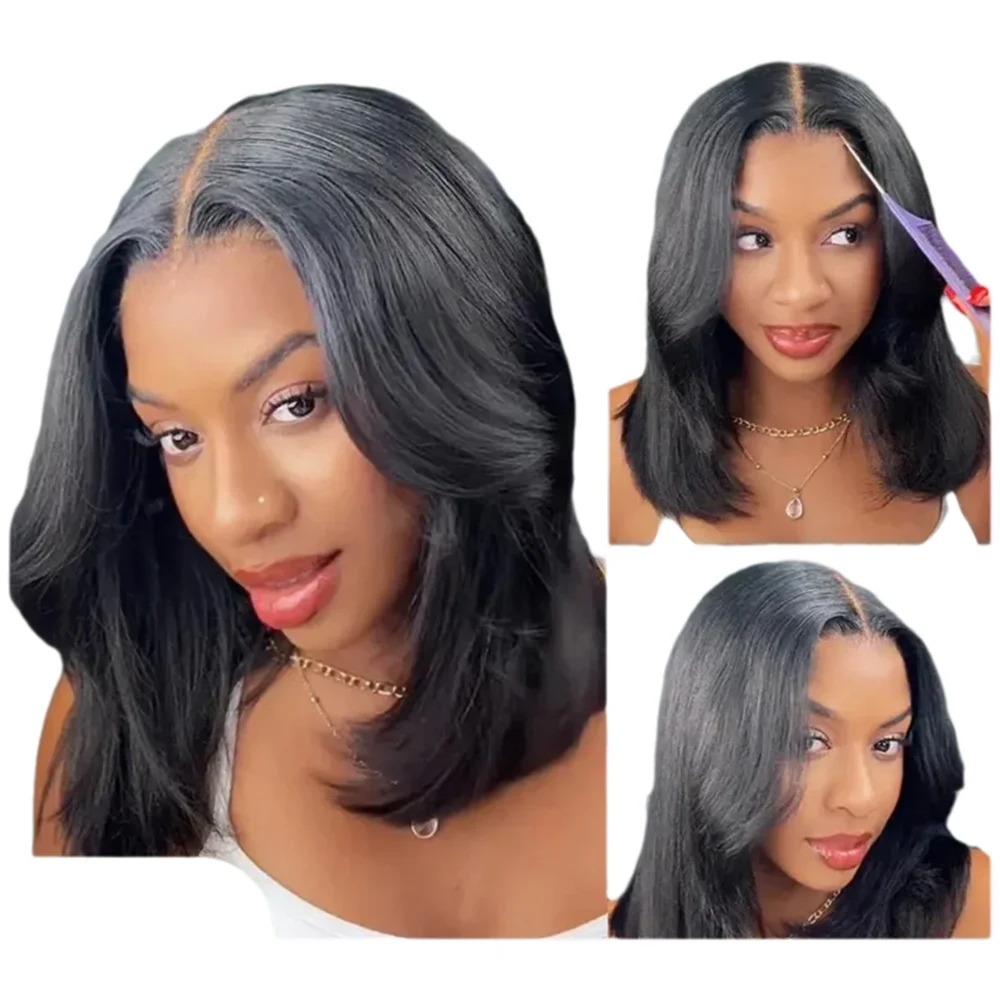 ISEE HAIR 9x6 T-deel gelaagde gesneden bobpruik lijmloze yaki rechte pruik 180% dichtheid diep deel kanten slijtage go pruik natuurlijk zwart - afbeelding 2