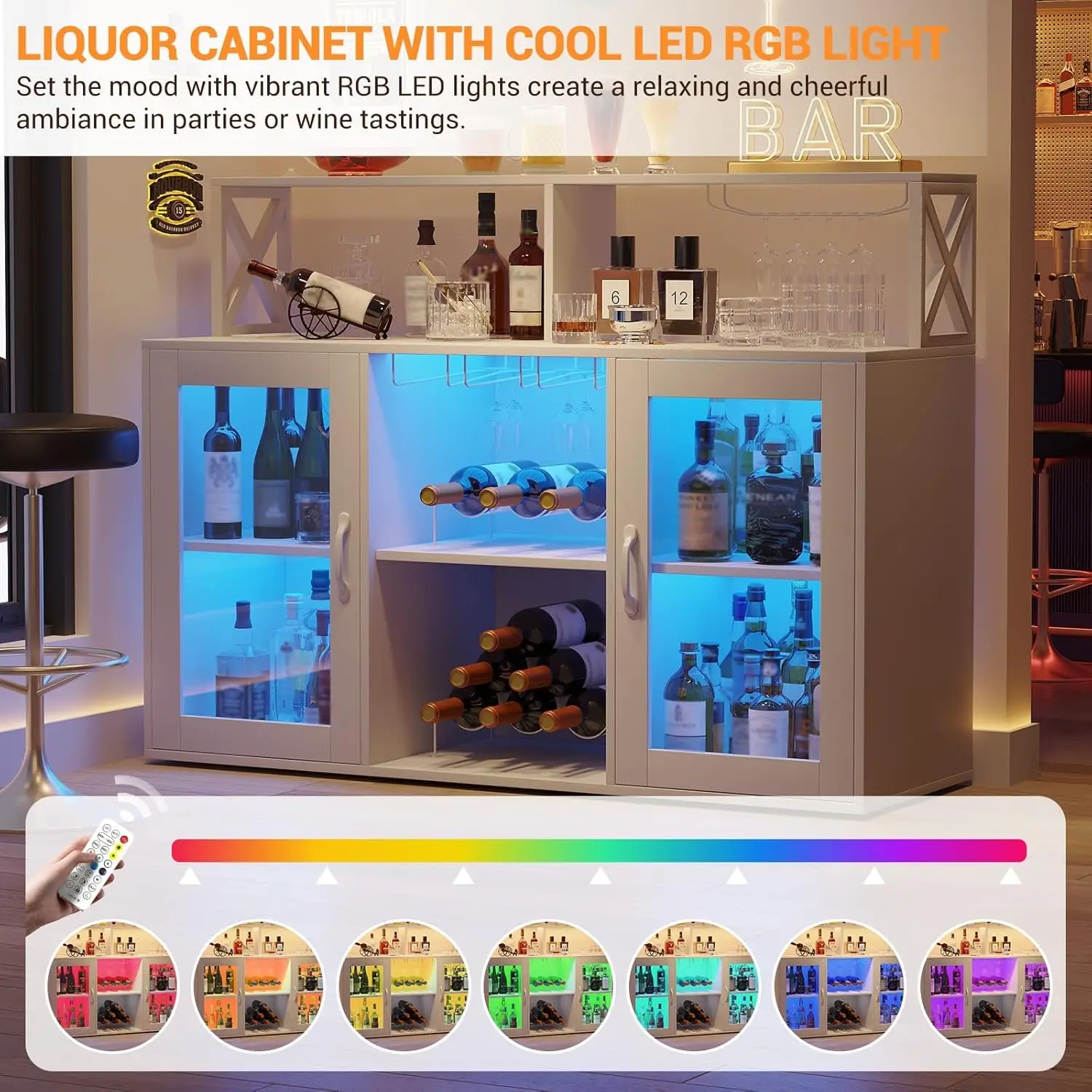 Wine Bar Cabinet with Wine Rack Glass Holder Coffee Bar Storage Cabinet with LED Lights for Home Kitchen Living Room Dining Room
