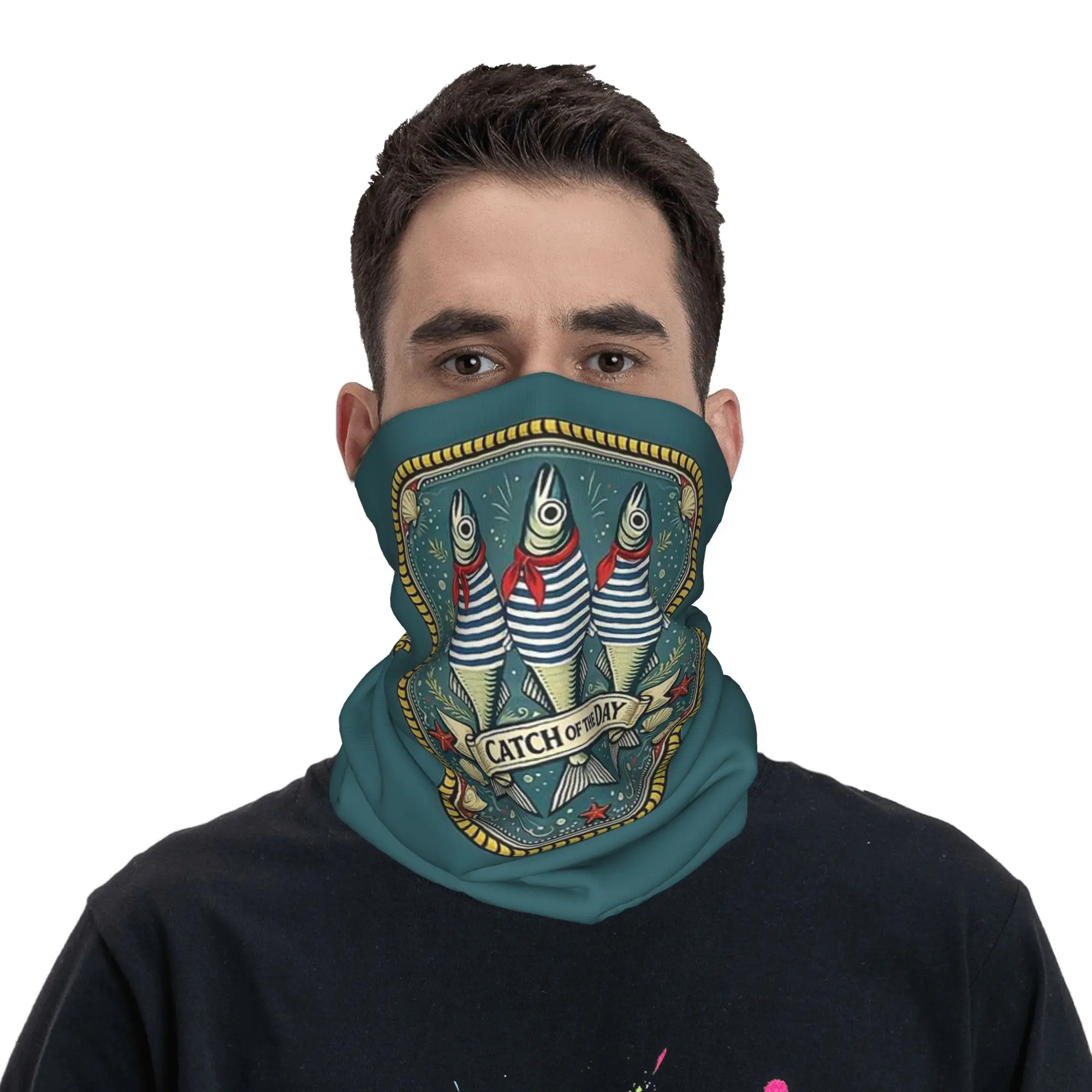 Three Striped Sea sardine Fish With Red Catch Of The Day Bandana Neck Gaiter Printed Mask Scarf Balaclava Outdoor Sports