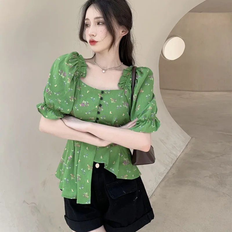 French Temperament Elegant Irregular Tops Summer Fashion Chic Square Collar Puff Sleeve Slim Short Sleeve Women Blouse