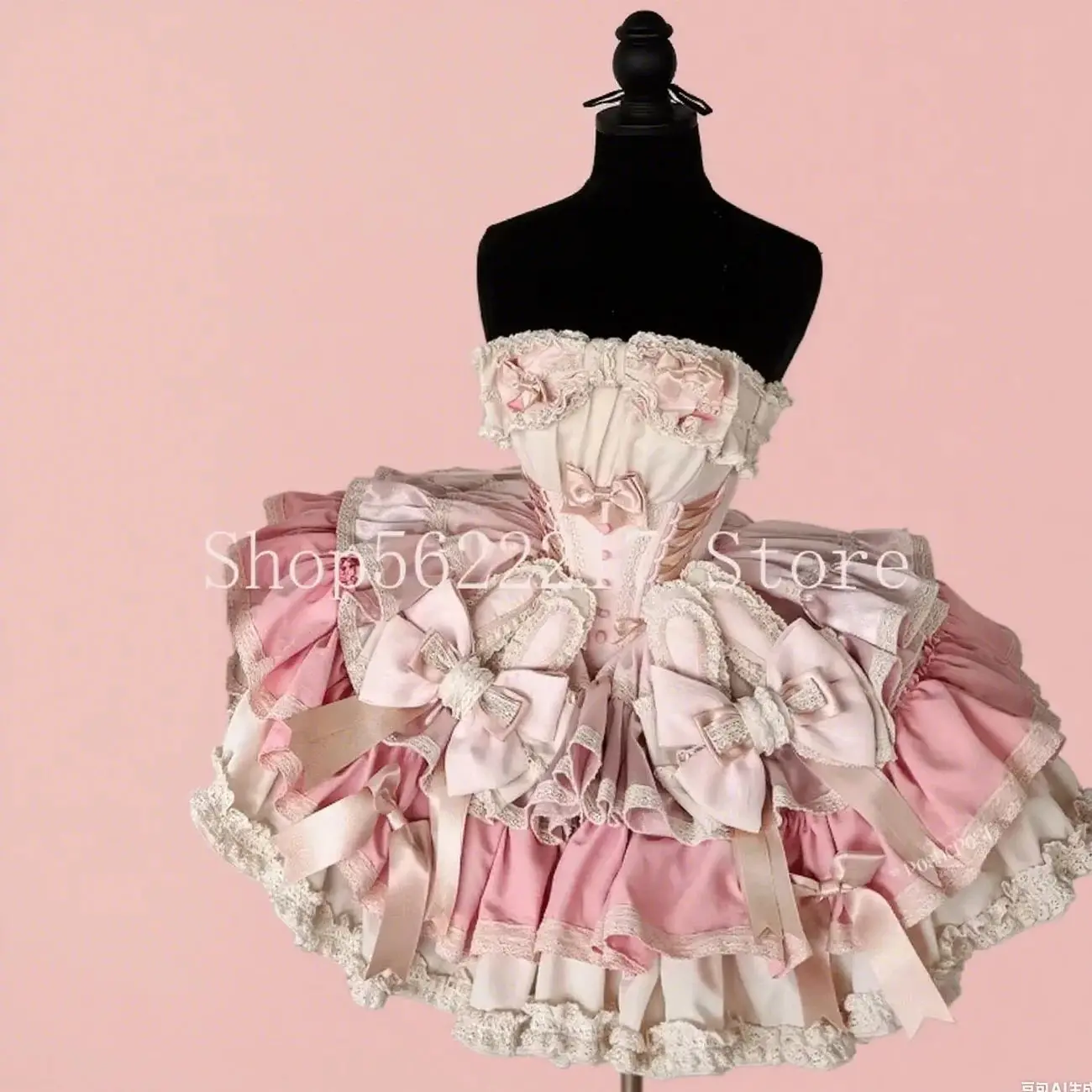 Originele hoge kwaliteit roze konijntje zoete prinsessenjurk schattige strik hoge taille lolita sets off-shoulder mouwloze mini gezwollen jurk
