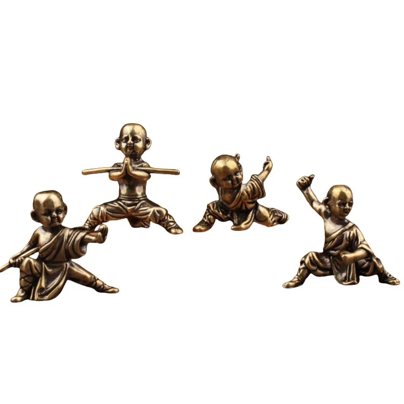 4pcs Kungfu Little Monk Figurines Miniature Zen Martial Arts Monk Brass Shaolin Statues Office Desktop Ornament Decor