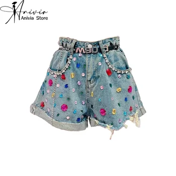 Women's Streetwear Color Diamond Denim Shorts Design American Hole Sequin Fashion Y2K Jeans Shorts Summer Casual Loose Shorts