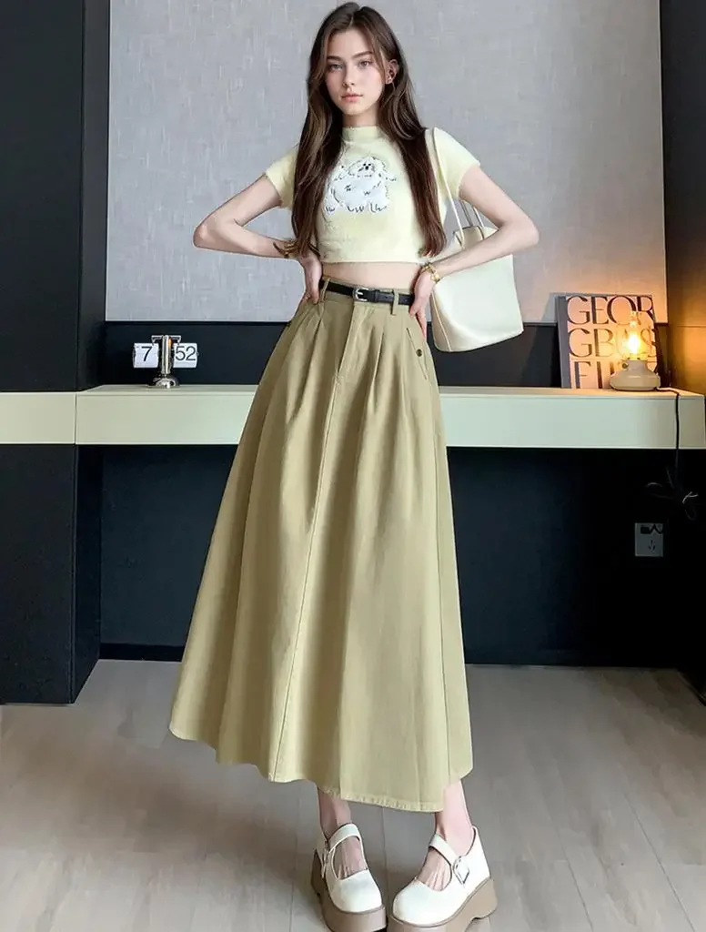 

Pop New Arrivals Autumn Casual A-Line Long Skirt For Women High Waist Loose Big Swing Cotton Cargos Skirts Female