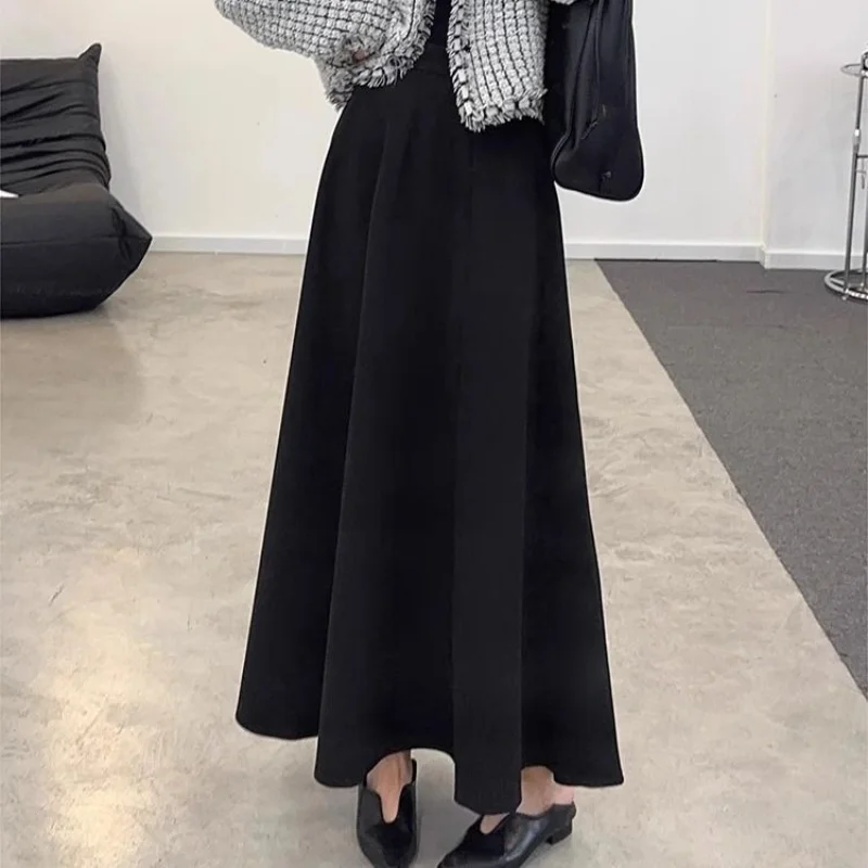 

Autumn and Winter Women's Solid Color High Waist Tall Elastic Loose Vintage A-Line Midi Fashion Casual Korean All Match Skirt