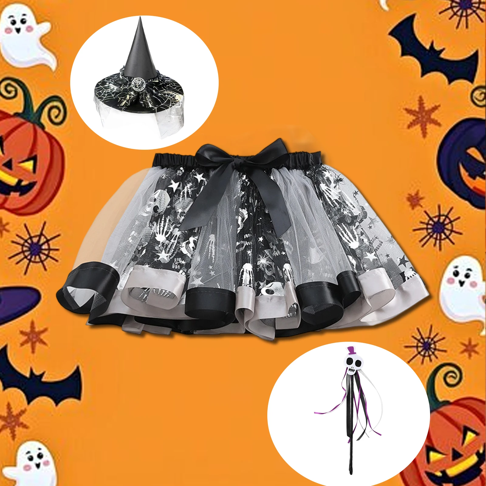Witch Costume Accessories Set for Girls Spider Mesh Witch Hat + Skull Wand + Mini Skirt Halloween Cosplay Outfit