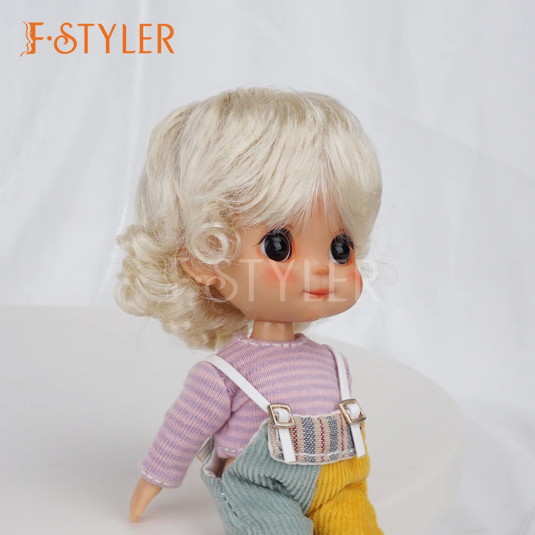 FSTYLER 5-6inch Dolls Wig Pink Light Gold Boys BJD Hair Synthetic Mohair Cute Back Curls Wiga 1/8 YOSD MSD SD Toys Accessories
