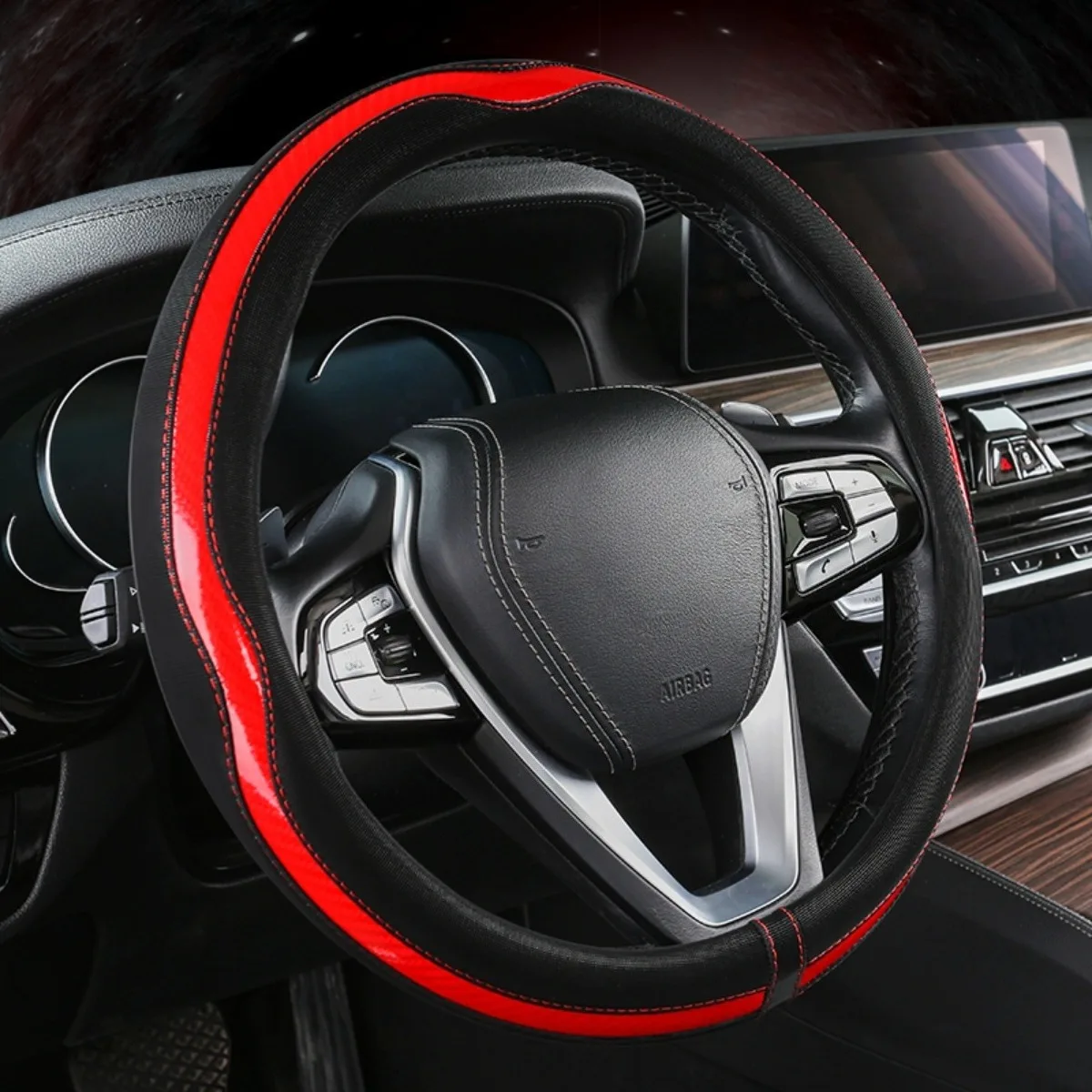 

Cool PU Leather Car Steering Wheel Cover, Carbon Fiber Texture Decor, Non-Slip Rubber Inner Ring, Universal Diameter 15 Inches