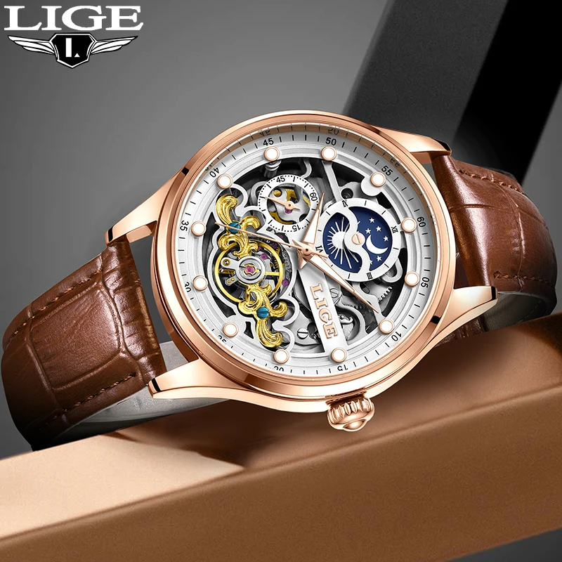 

LIGE Skeleton Dial Mechanical Watch Casual Sport Leather Belt Waterproof Automatic Movement Moon Phase High Quality Men Watches