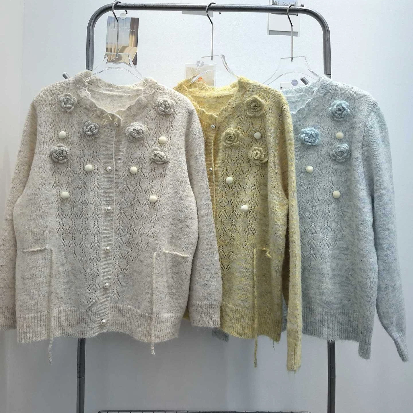 

Women Lace Up Cardigan Jumper Knitted 3D Floral Sweater Solid Long Sleeve Single Breasted Loose Casual Office Lady 2025 Autumn