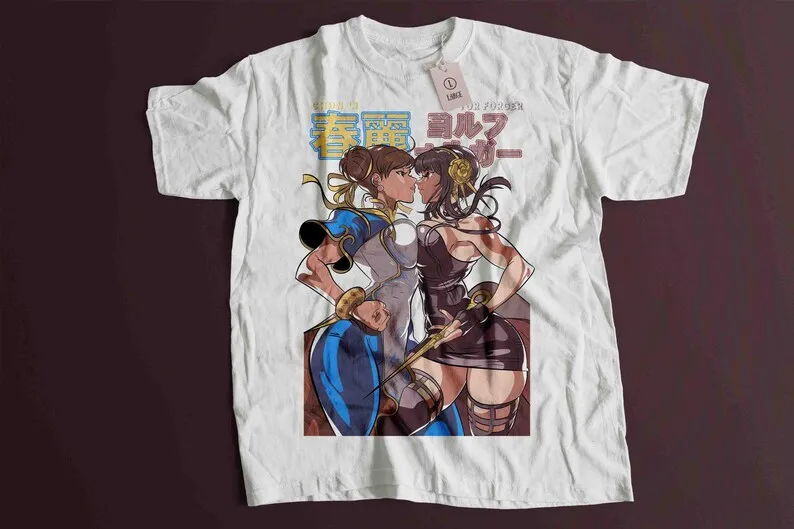 2026 Sommer Street Fighter Chun Li Zwei Mädchen Anime Grafik Weißes T-Shirt Unisex Oversized Y2K Streetwear Baumwoll-Tee