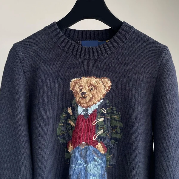 Puur katoenen lange Sve Ne gebreide trui met beerborduurwerk, losse pasvorm, herfst-winterfaion, casual damestop