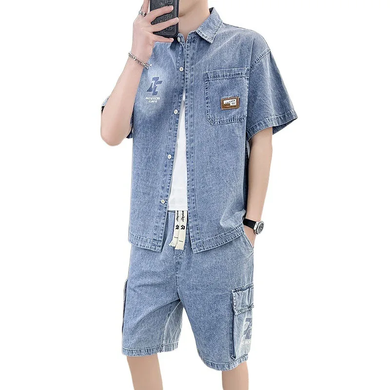 Fashion Wear Shirt Cargo Shorts High Appearance Level Men's Summer Thin Short-sleeved Shirt Loose Shorts Two-piece   Denim Suit