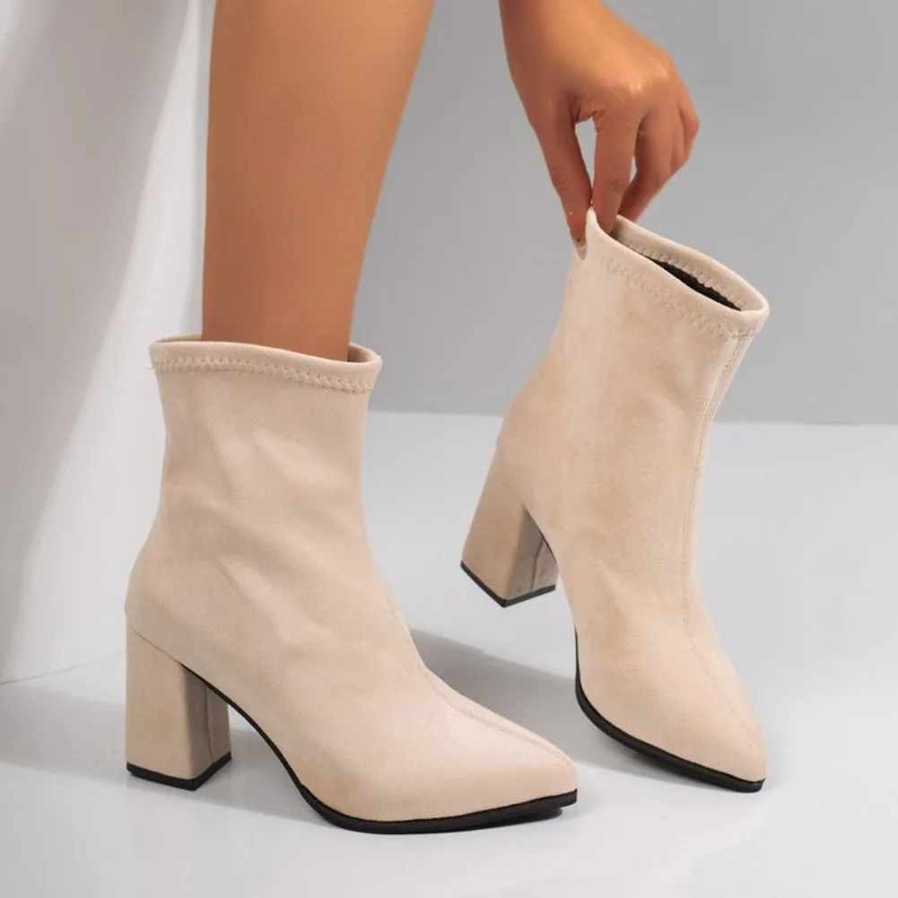 2026 Winter Damenstiefel Spitze Stretch-Sockenstiefel Modische Einfarbige Damenschuhe Hochhackige Kurze Stiefel Moderne Damenschuhe – Detail 7