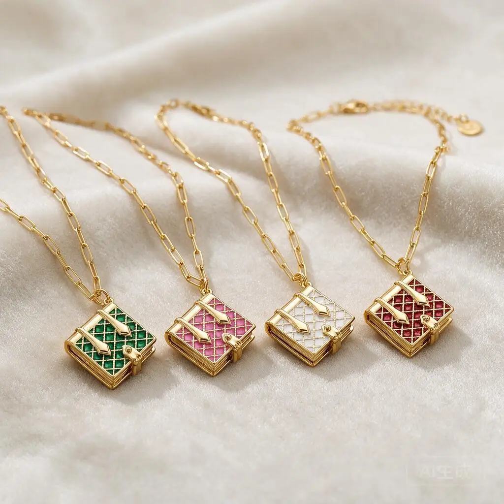 Ins LuxuryOpenable Enamel Quilted Book Locket Necklace For Women Dainty Gold Tone Holds Tiny Photos In 5 Cute Color Options