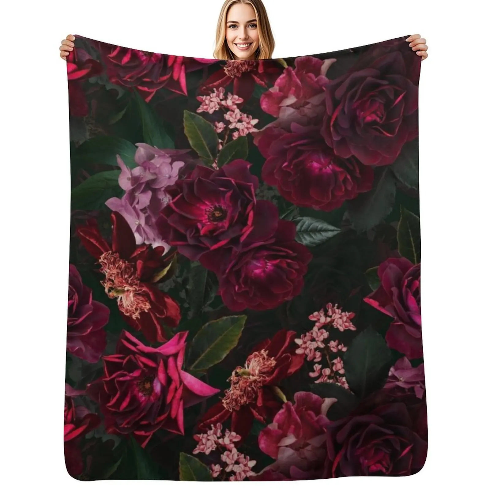 Antique Midnight Botanical Flower Rose Garden Throw Blanket Cozy Throw Blanket for Bed Sofa Chair