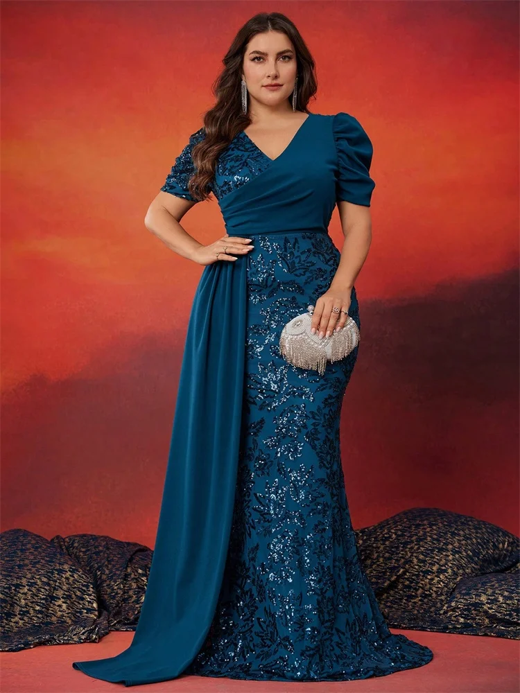 BLUEPLUM-Robe de Soirée à Paillettes pour Femme, Col en V, Manches Courtes, Sirène, Formelle, Luxe, ix, Bal, Élégant, Grande Taille