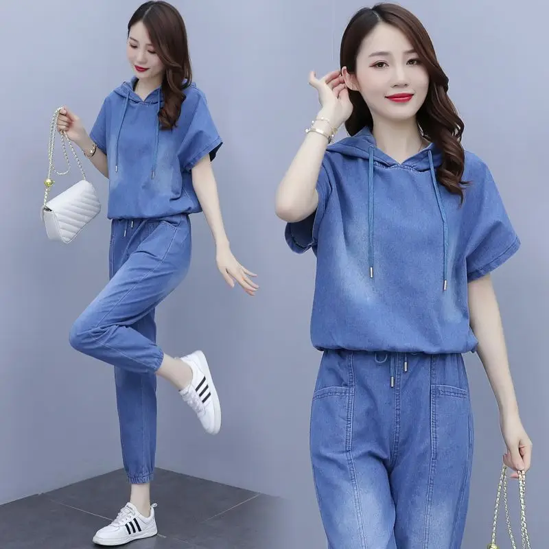 

Summer Women Denim Two-Piece Suit 2023New Fashion Blast the Street Sportswear Female Casual Loose 2 Piece Set Women Outfit R2608