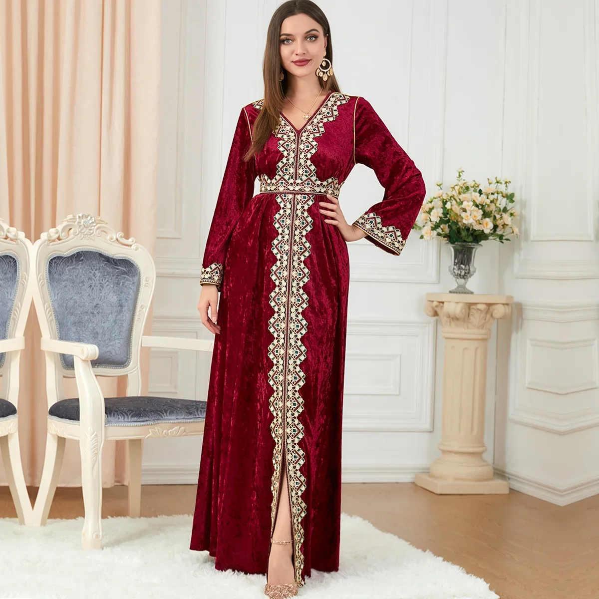 

Muslim Dress Womens Robes Stitching V-neck Long-sleeved Knitted Autumn Womens Abaya Long Dresses Fashion Vestidos De Mujer