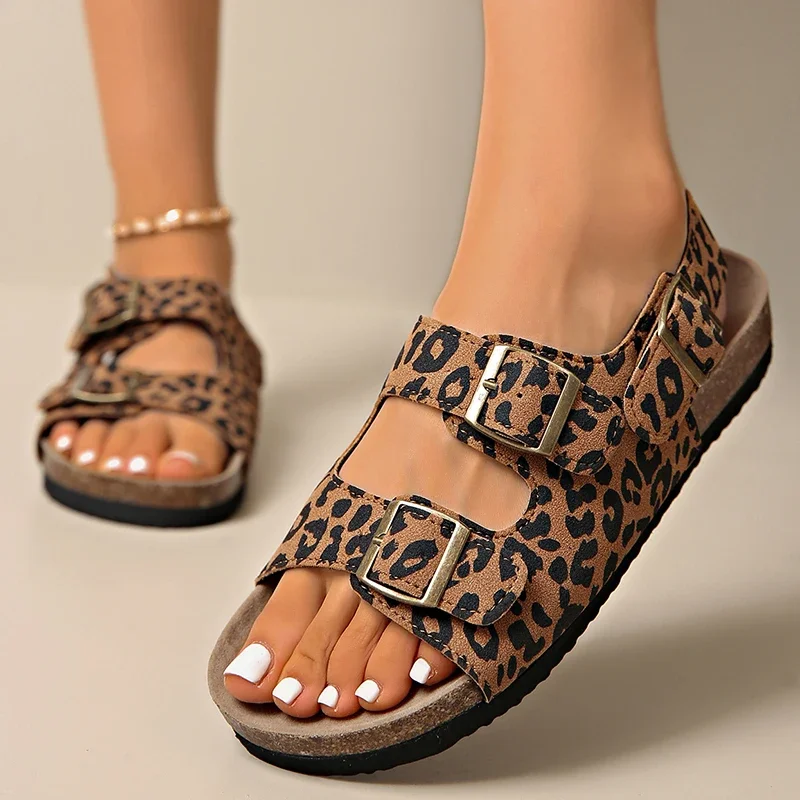 

Fashion Flat Sandals Women New Bukcle Leopard Print Sandals Women 2025 Summer Platform Sandles Woman Comfortable Beach Sandalias