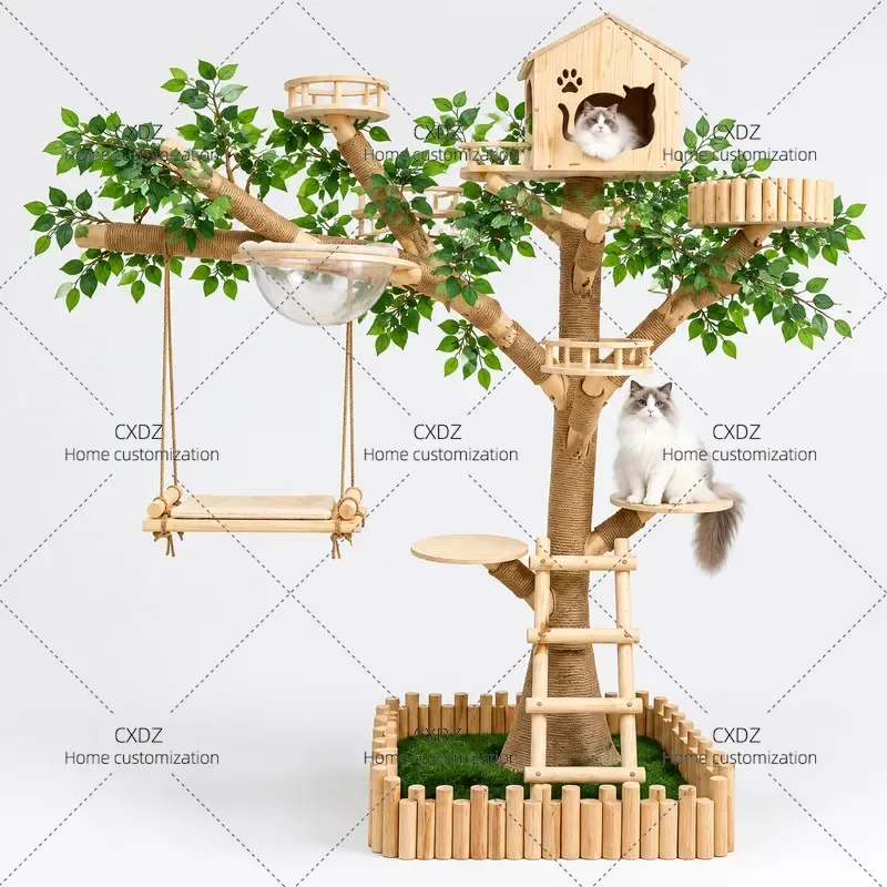 Large Solid Wood Cat Tree with Real Trunk Wear Resistant Non Punching Base Integrated Cat Climbing Frame and Nest for Pets