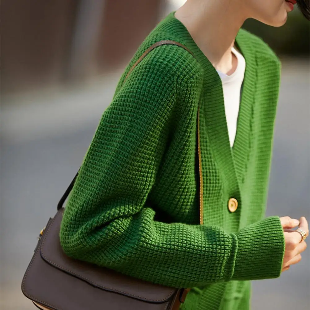 เสื้อสเวตเตอร์ถักคอวีสำหรับผู้หญิง, เสื้อโค้ทสเวตเตอร์ถักแขนยาวเสื้อ pakaian luar rajut สีพื้นเสื้อทรงหลวมเหมาะสำหรับการเดินทาง