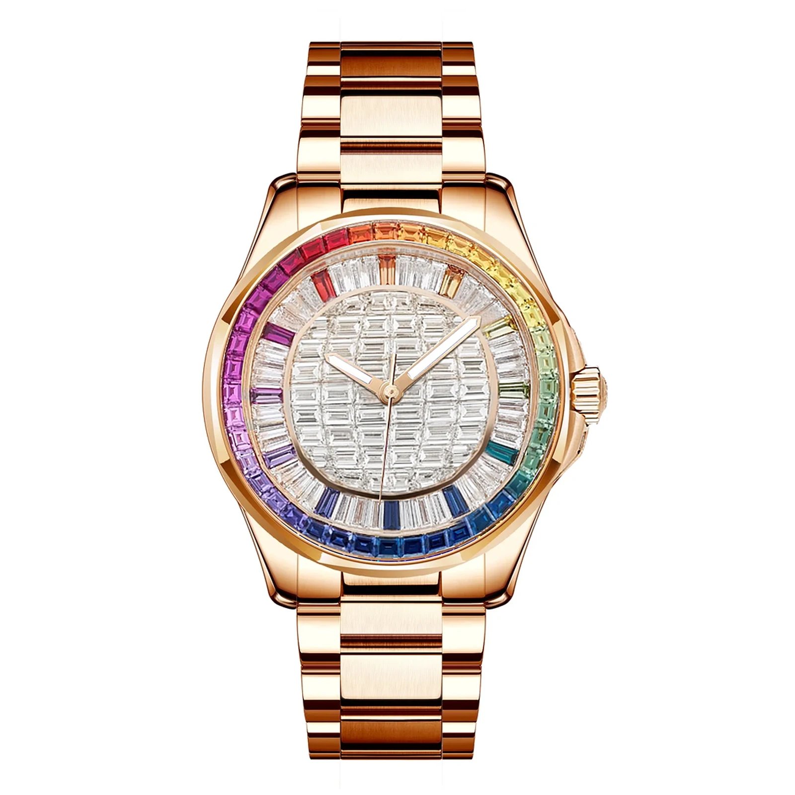 Luxury Designer-Inspired Style Women's Mechanical Watch with Colorful Square Diamonds Stainless Steel Case  Bracelet FashionGIFT
