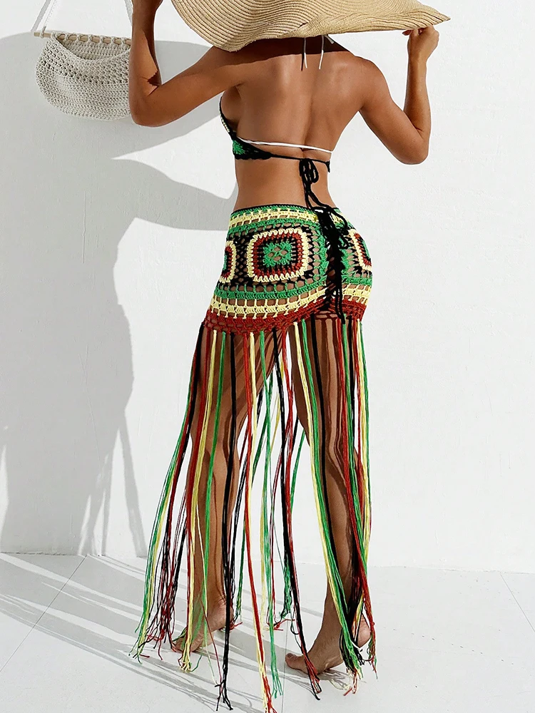 المرأة الصيف الكروشيه الرسن العميق الخامس الرقبة التستر متعدد الألوان ملابس السباحة طويلة شرابة بيكيني فستان منسوج التستر عارية الذراعين بحر
