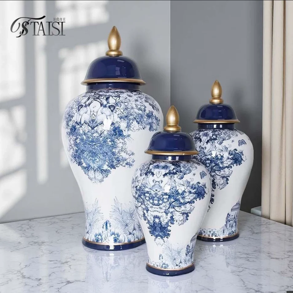 47cm/Chinesische Blau-Weiße Vase Kunsthandwerk Schmuck Retro Wohndekor Allzweck-Krug Wohnzimmer Weiche Dekoration Eingangsbereich Porzellan