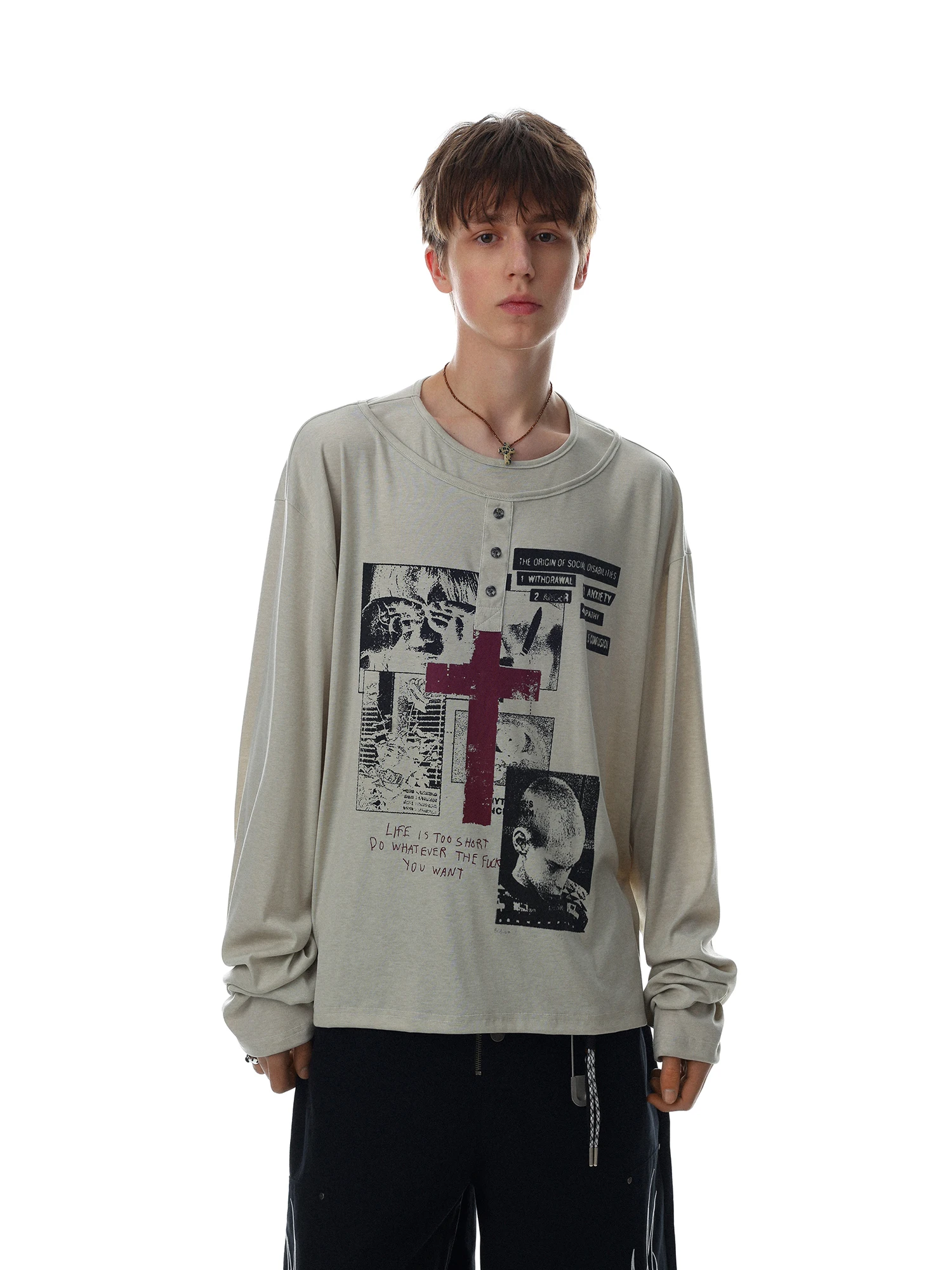 Washed Long Sleeve T-Shirt Men's Rock Print Street Style Fun American Print Casual Loose Fit round Neck Spring Summer Top