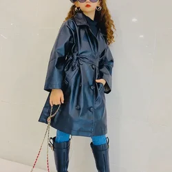 Cool Girls' Leather Trench Coat 2024 Autumn Winter Korean Double Breasted Jacket Wasit Belt Heavy Locomotive Mid-length 5-14 Yrs