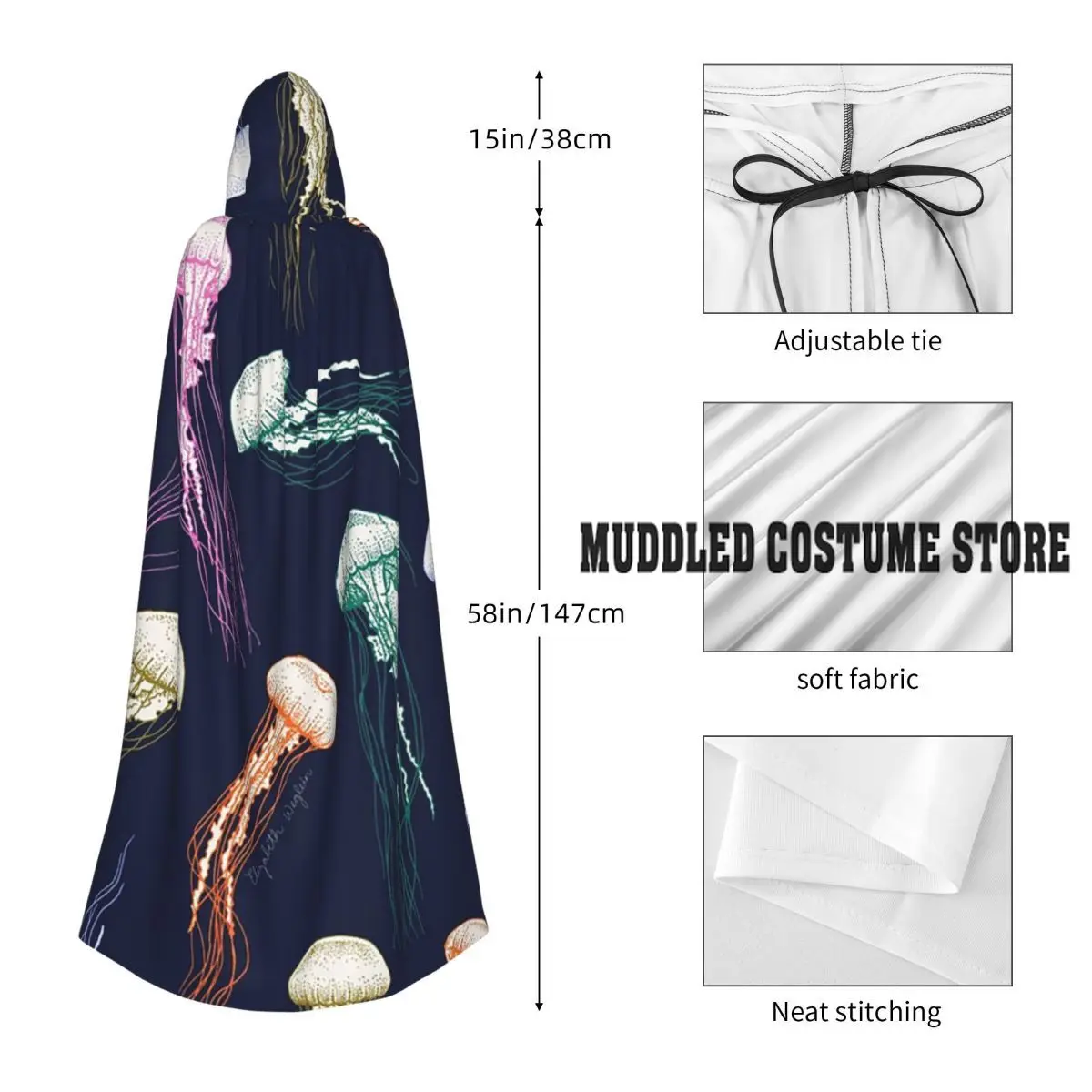 Mantello lungo con cappuccio meduse arcobaleno Costume medievale da strega Mantello cosplay Cappotto di Halloween Adulto unisex