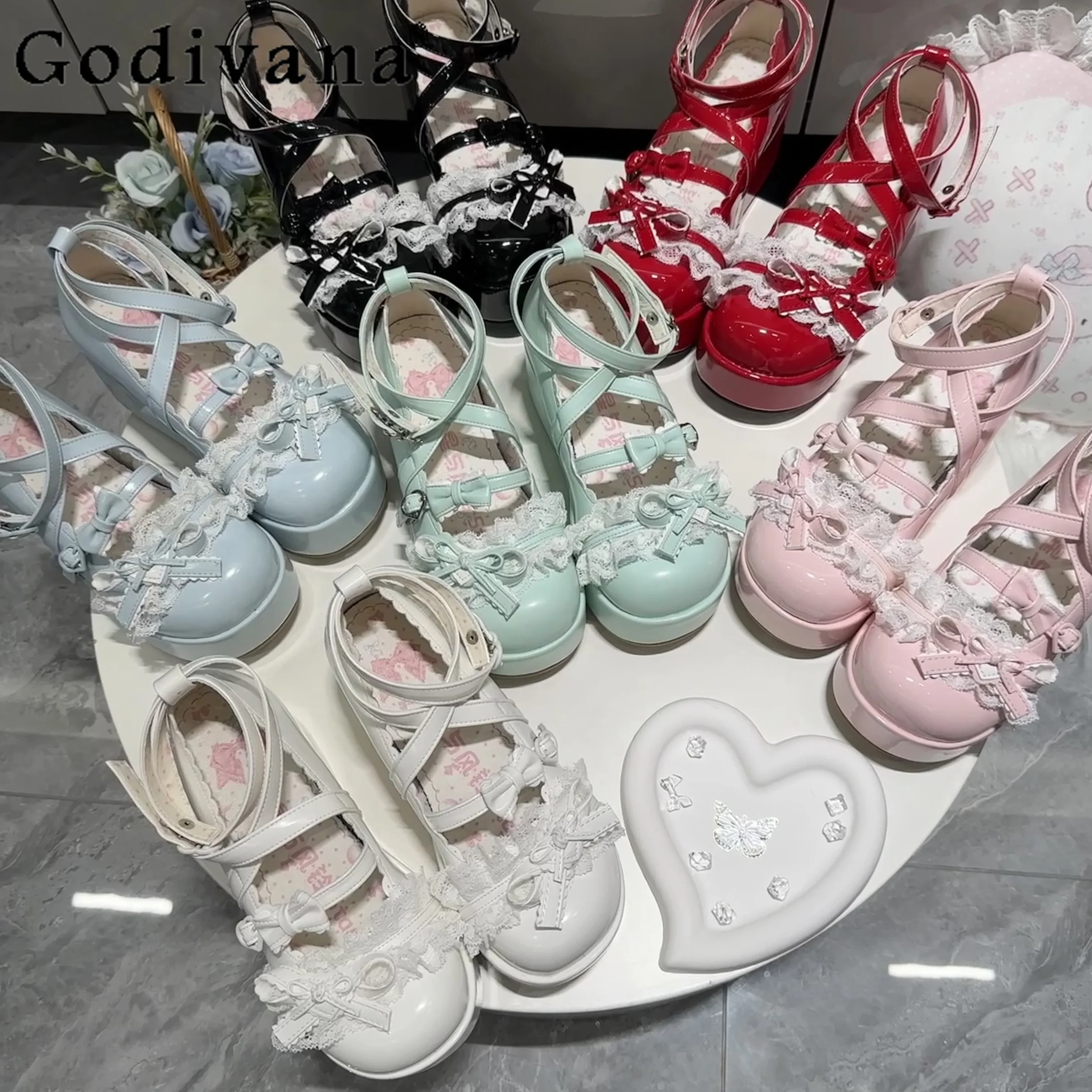 Platform Lolita Schoenen Ronde Kop Leer Casual College Hakken Dames Boog Kant Rand Witte Platform Schoen