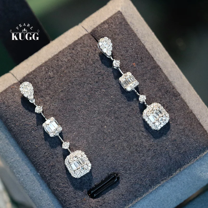 

KUGG 100% 18K White Gold Earrings Fashion Design 0.66carat Real Natural Diamond Drop Earrings for Women High Party Jewelry