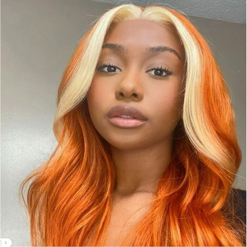 Long 4X4 Lace front  Hair Wig Wave Orange Ombre Blonde Highlight Wigs Soft