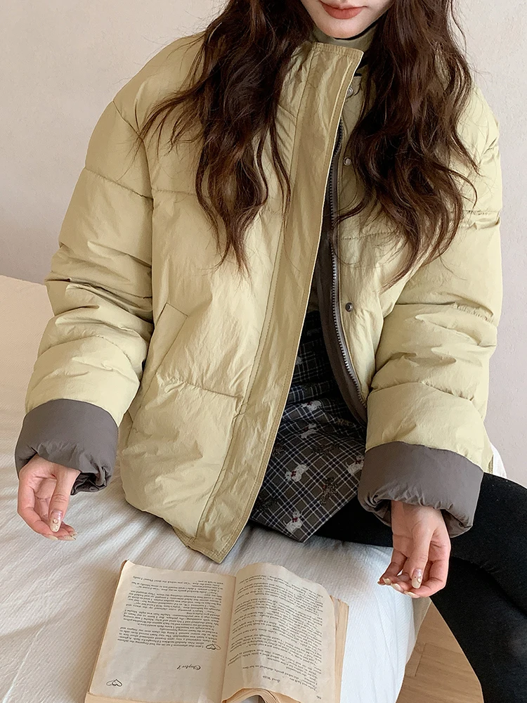 Koreanische Süße Warme Parkas Frauen Mode Langarm Winter Dicke Baumwolle Mantel Beiläufige Lose Stehkragen Taschen Weibliche Chic Jacke