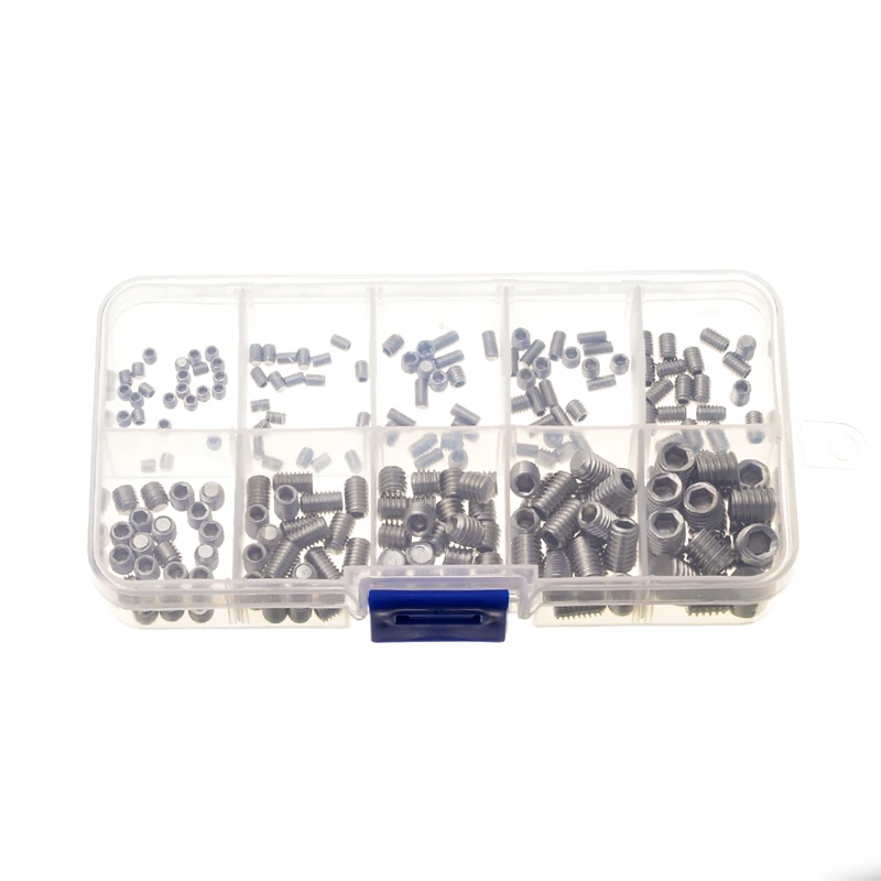 200Pcs M3 M4 M5 M6 M8 304 Stainless Steel Grub Screws Hex Socket Screw Assortment Hexagon Screws Flat Point End Grub Bolt Set