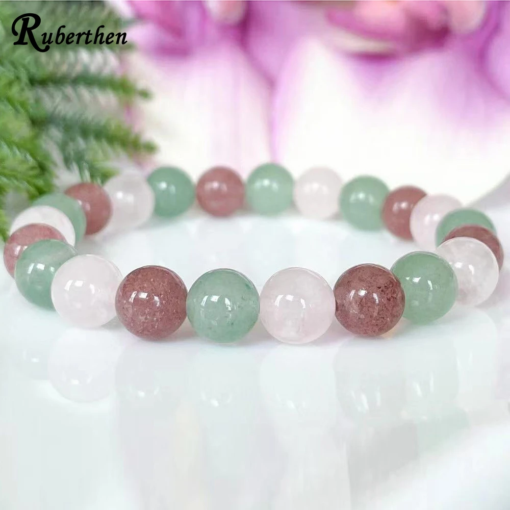 Ruberthen 8 MM Strawberry Quartz Green Aventurine Madagascar Rose Quartz Bracelet Womens Chakra Wrist Mala Yoga Jewelry