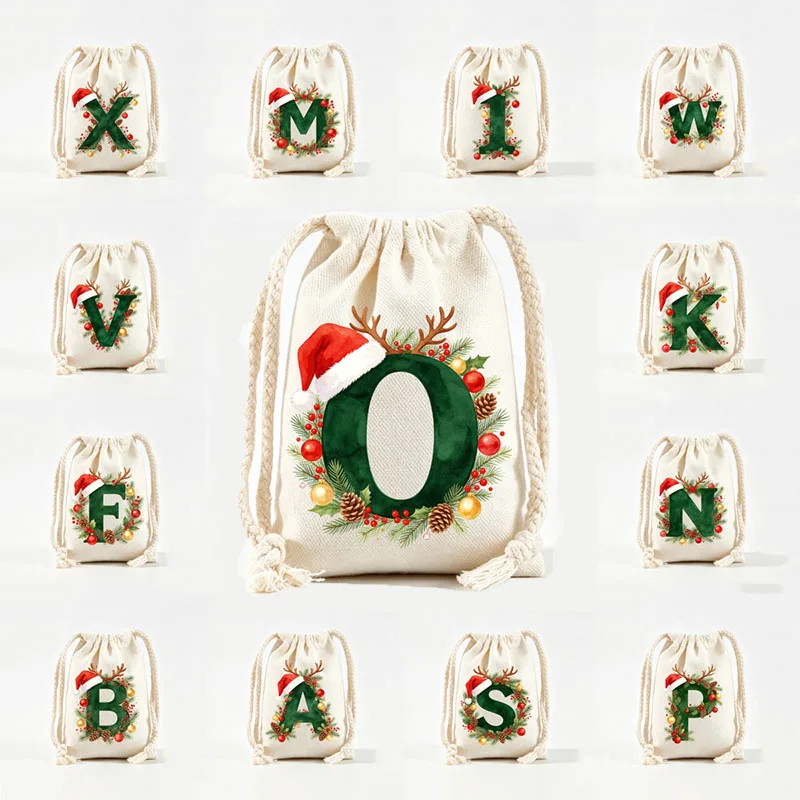 Christmas Drawstring Bags 26 Letters A-Z Monogram Canvas Pouch Santa Hat Reindeer Antlers Candy Storage Bag for Party Favors