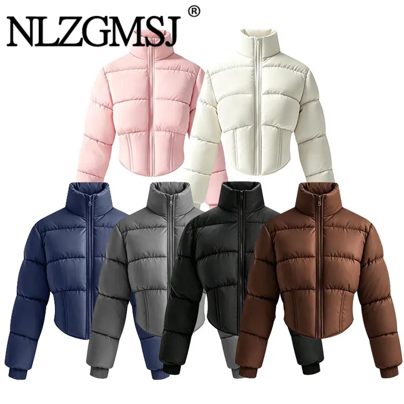 Nlzgmsj 2026 Autumn Women High Waist Cropped Puffer Jacket Stand Collar Zip Up Corset Padded Coat Long Sleeve Winter Outerwear