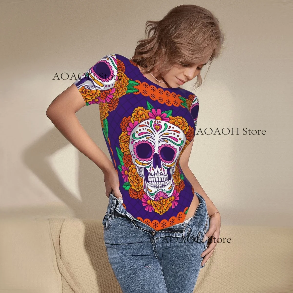 Skull Flower Women's Casual Crewneck Leggings Jumpsuit Tight Sexy Short Sleeved