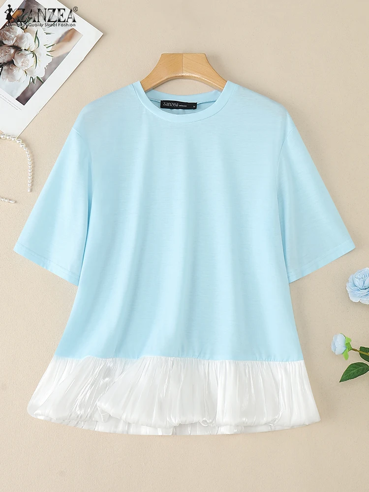 

ZANZEA, летние женские топы, 2025 г., элегантная рабочая рубашка из ПР, модная лоскутная блузка с коротким рукавом, повседневная блузка с круглым вырезом, сорочка большого размера