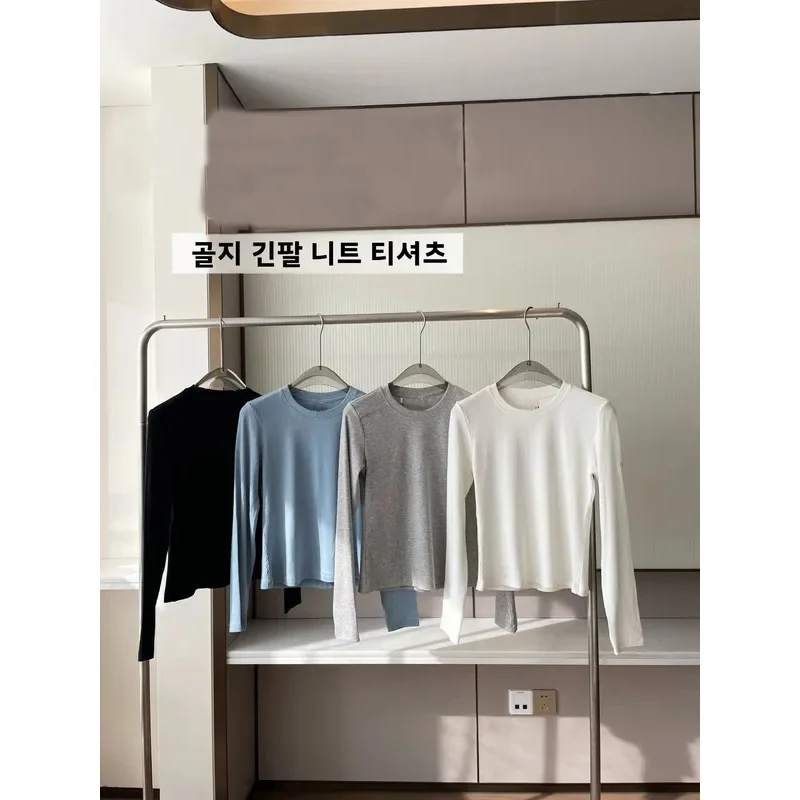 

2026 Spring Women Quick Dry Long Sleeve Yoga T-Shirt Ribbed Base Layer Top Regular Shoulder Cotton Knitted Round Neck