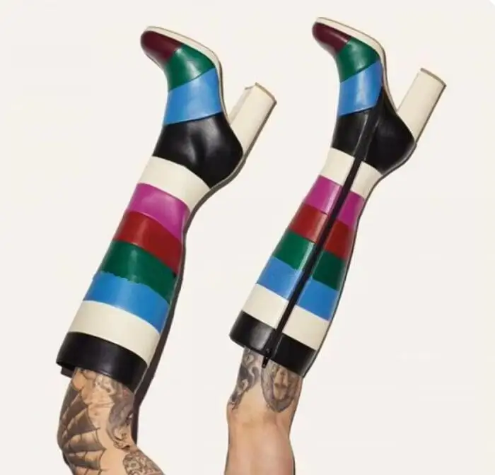 Rainbow Mixed Colors Knee High Boots Side Zipper Block Chunky Heel Women Colorful Boots Fashion Autumn Winter Outdoor