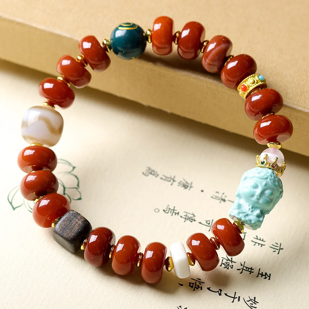 

Original Design South Red Agate Bead, Magnesite Turquoise, Tara Prayer Bead Bracelet, Tiger's Tooth Tianzu Bracelet for Women