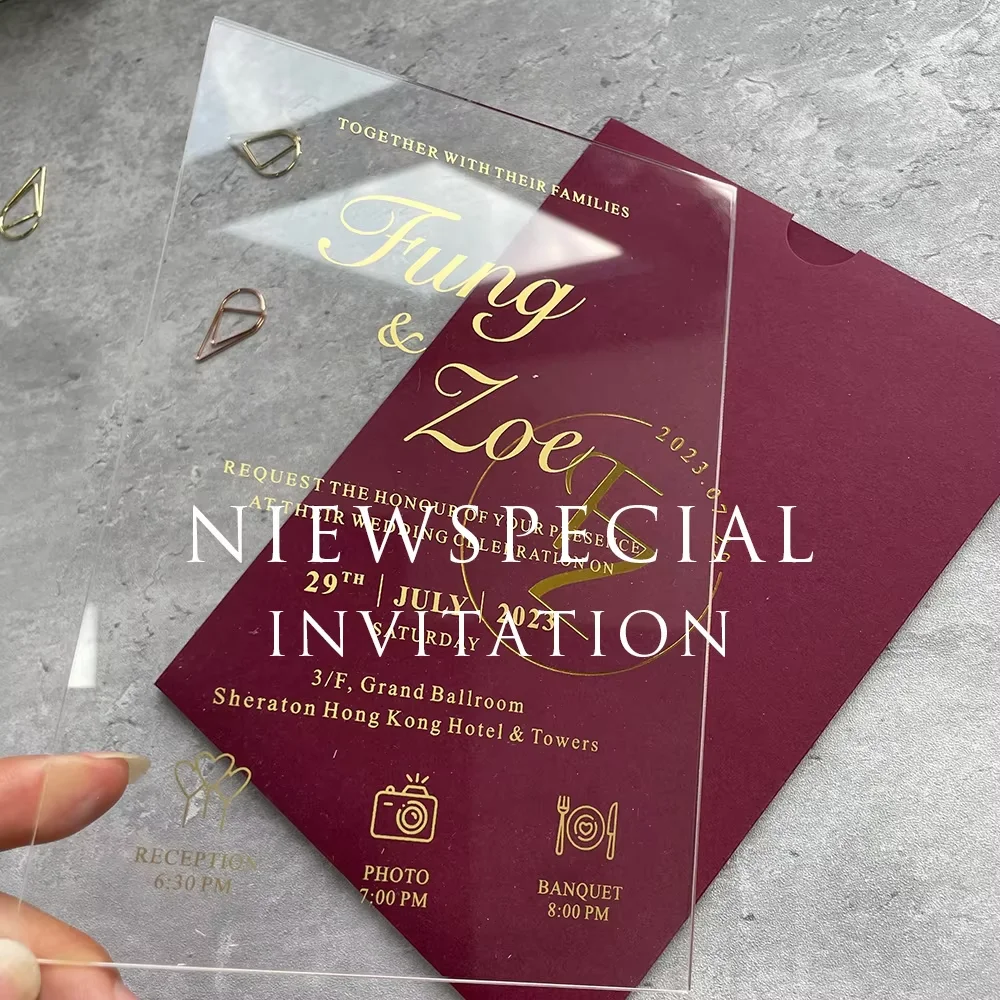 Elegant Burgundy Vertical Pocket Invitan Acrylic Wedding Invitation Set – Personalized Luxury Design for Your Special Day